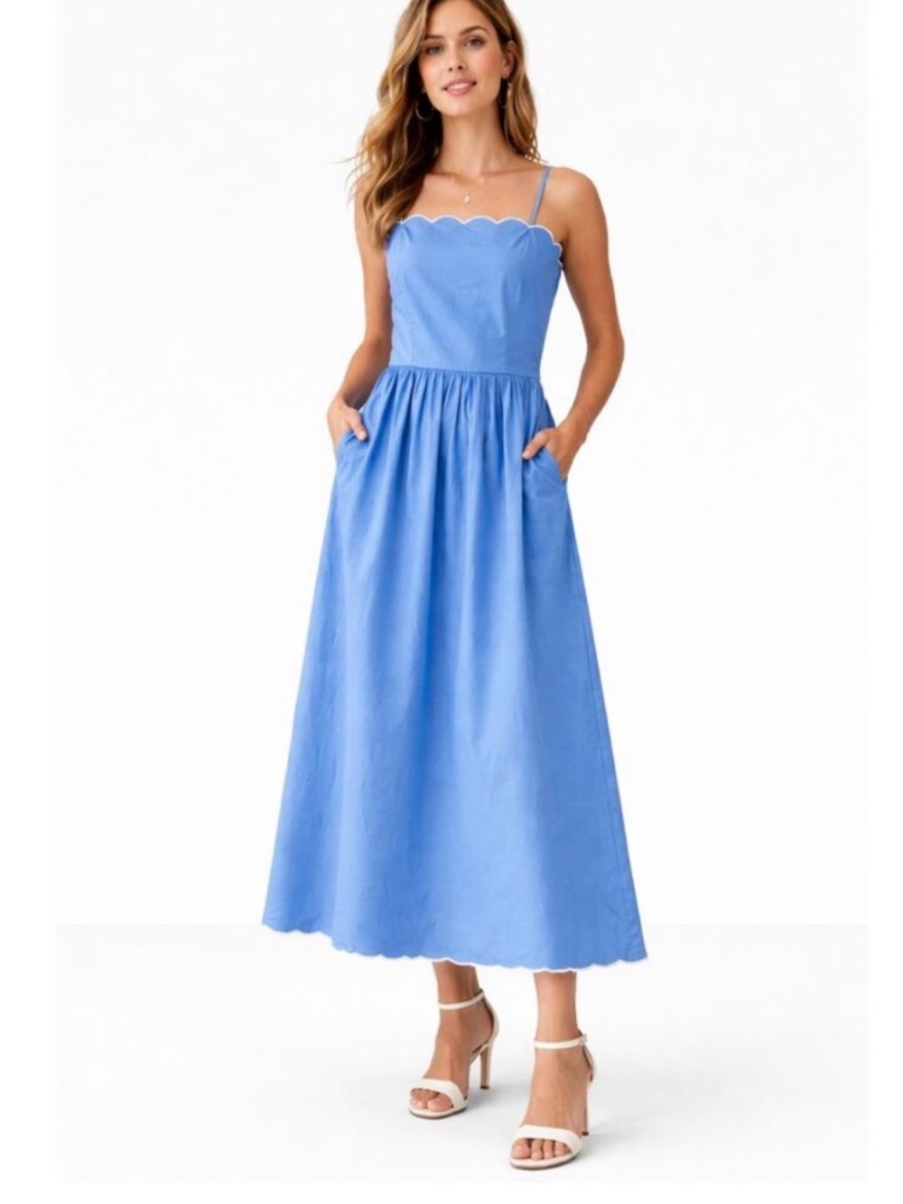 Scallop-Trim Spaghetti Strap Midi Dress in Blue